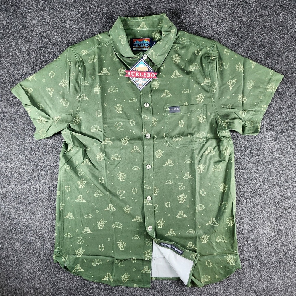 NWT Burlebo Mens M Performance Button-Up Shirt Short Sleeve Out West Print Green